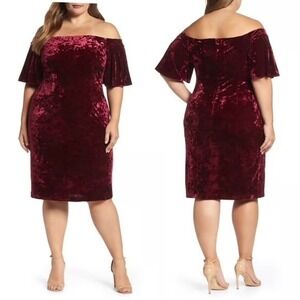 Eliza J Velvet Off The Shoulder Ruffle Sleeve Cocktail Dress Burgundy Size 16